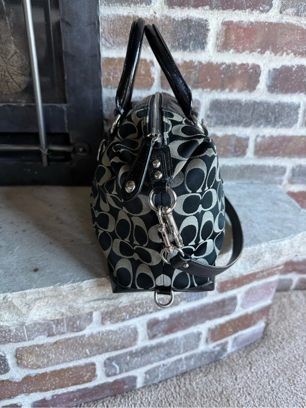 Authentic Coach Black and Cream Signature Satchel with Leather Trim